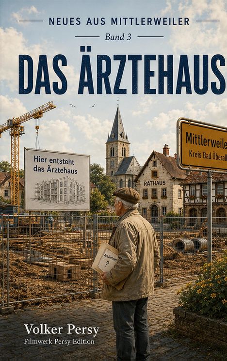 "Neues aus Mittlerweile Band 3: Das Ärztehaus. Hier entsteht das Ärztehaus. Älterer Mann an einer Baustelle vor Rathaus."