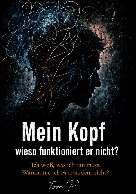 „Mein Kopf, wieso funktioniert er nicht?" Illustration eines Profils mit chaotischen, wirren Linien im Kopfbereich.