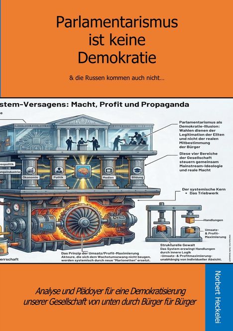 Parlamentarismus ist keine Demokratie. Illustration eines Systems, das Macht, Profit und Propaganda darstellt.