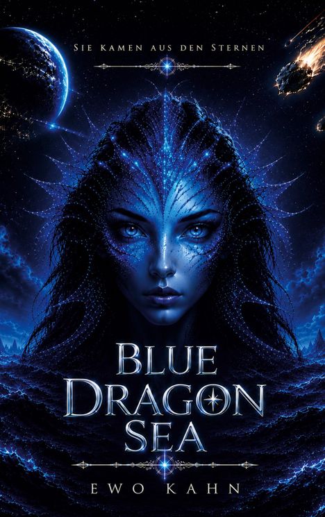 Text: "SIE KAMEN AUS DEN STERNEN", "BLUE DRAGON SEA", "EWO KAHN". Blaues Wesen vor kosmischem Hintergrund.