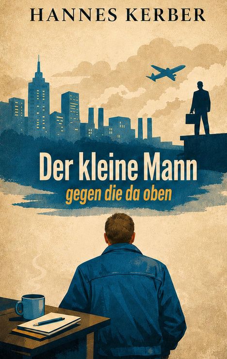 Text: "Hannes Kerber. Der kleine Mann gegen die da oben." Illustration eines Mannes, Stadt, Flugzeug, Schreibtisch mit Tasse.