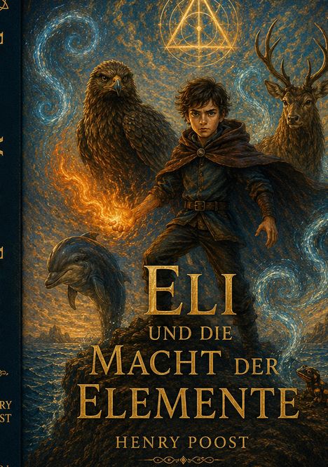 Der Text lautet: "Eli und die Macht der Elemente" von Henry Poost. Junge in blauer Robe mit leuchtender Kugel, umgeben von Tieren.