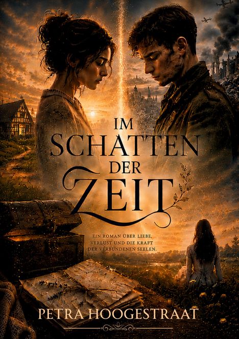 „Im Schatten der Zeit“ von Petra Hoogestraat. Zwei Personen stehen sich gegenüber, im Hintergrund historische Gebäude.