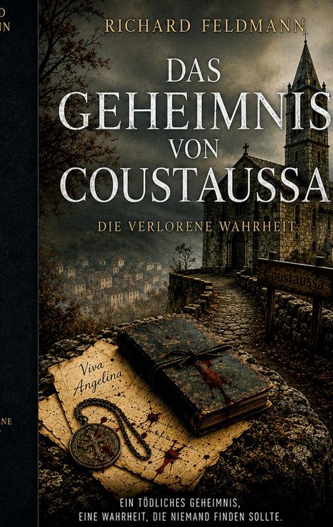 Text: "Richard Feldmann. Das Geheimnis von Coustaussa. Die verlorene Wahrheit. Viva Angelina." Verwittertes Schloss und Dorf.