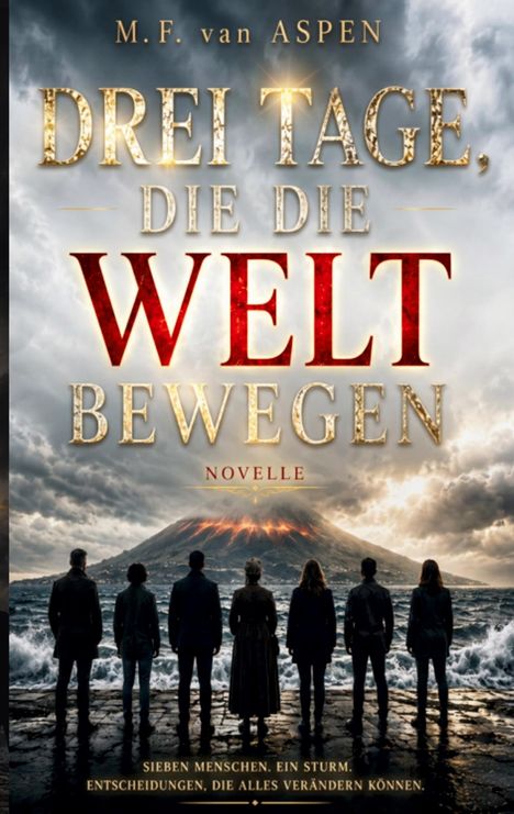 Titel: "Drei Tage, die die Welt bewegen". Sieben Personen stehen vor einem stürmischen Meer, im Hintergrund ein Vulkan.