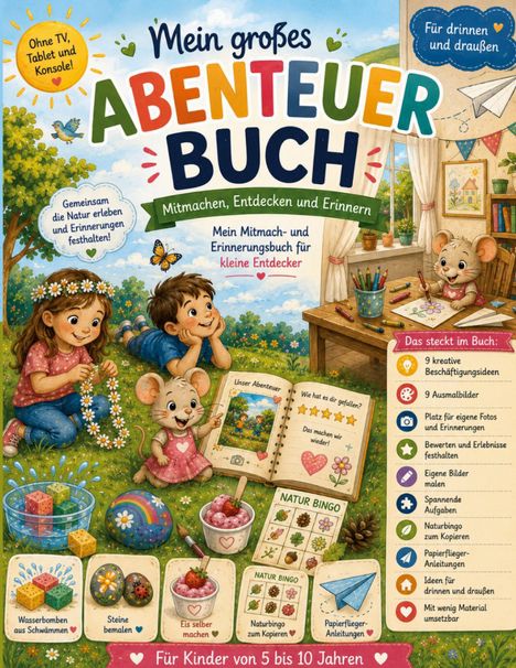 "Mein großes Abenteuer Buch", Mitmachbuch für Kinder 5-10 Jahre, zeigt spielende Kinder und ein lesendes Mäuschen im Zimmer.