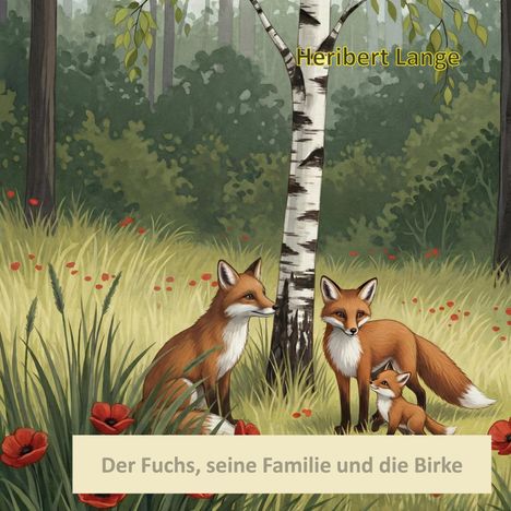 Text: "Heribert Lange" und "Der Fuchs, seine Familie und die Birke". Illustration von Füchsen neben einer Birke im Wald.
