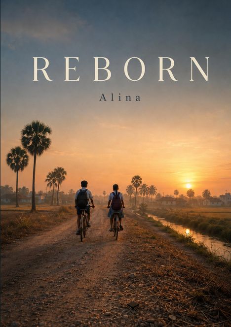 Text: "REBORN Alina". Zwei Personen fahren auf einem Feldweg mit Fahrrädern dem Sonnenuntergang entgegen.