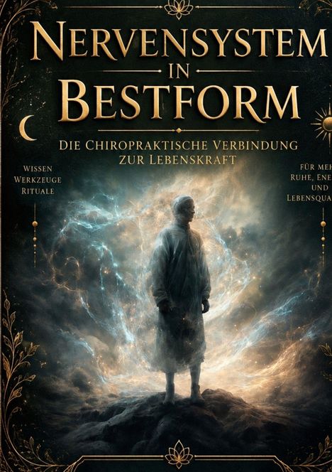 Titel: "NERVENSYSTEM IN BESTFORM", Untertitel: "Die chiropraktische Verbindung zur Lebenskraft". Silhouette vor einem kosmischen Hintergrund.