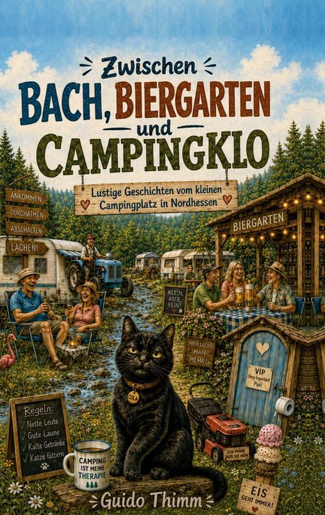 Cover eines Buches: "Zwischen Bach, Biergarten und Campingklo". Eine idyllische Campingplatz-Szene mit einem Biergarten und einer schwarzen Katze im Vordergrund.