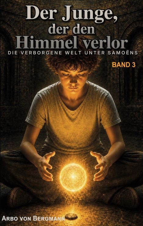 Ein Junge sitzt in einem düsteren Raum und hält eine leuchtende Kugel, die mystisch wirkt.