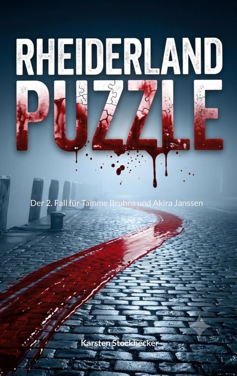 Titel: "Rheiderland Puzzle" in blutroten Lettern, darunter ein nasser, dunkler Pflasterweg mit roter Spur.