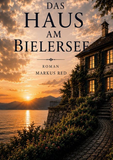 "Das Haus am Bielersee. Roman Markus Red." Sonnenuntergang über einem See, neben einem malerischen Steinhaus mit Garten.