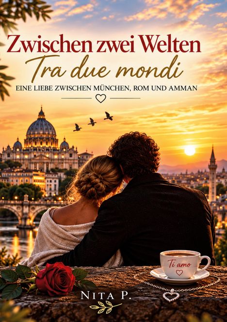 "Zwischen zwei Welten. Tra due mondi. Eine Liebe zwischen München, Rom und Amman." Paar vor Sonnenuntergang in Rom.