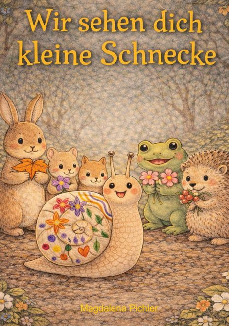 "Wir sehen dich kleine Schnecke." Eine fröhliche Gruppe Tiere mit einer bemalten Schnecke in einer Waldszene.