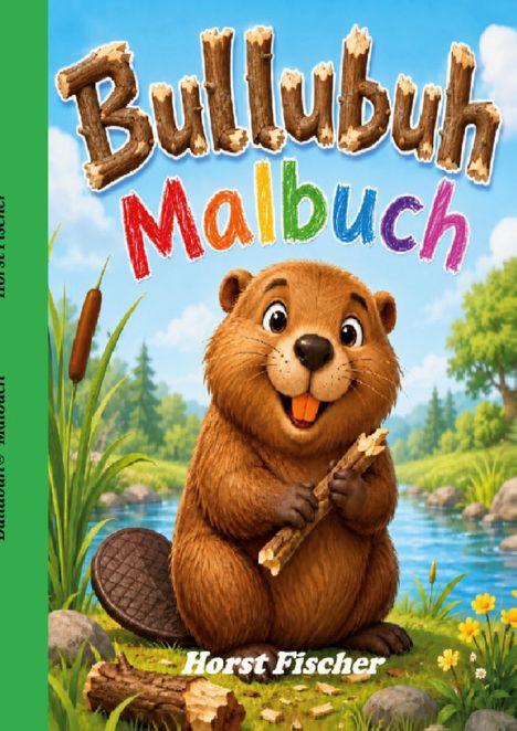 "Bullubuh Malbuch" in bunten Buchstaben, darunter ein lächelnder Biber vor einem Fluss im Grünen.