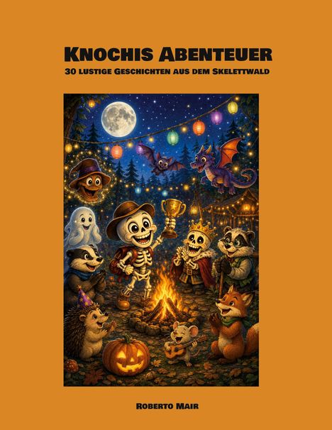 "Knochis Abenteuer: 30 lustige Geschichten aus dem Skelettwald" von Roberto Mair. Illustration: Feiern um ein Lagerfeuer mit Skeletten und Tieren.