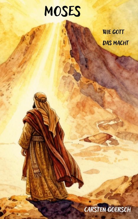 "Moses: Wie Gott das macht". Eine Illustration zeigt Moses vor einem leuchtenden Berggipfel.