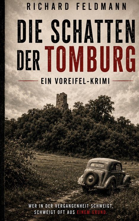 Die Schatten der Tomburg: ein Voreifel-Krimi. Alter Wagen vor dichtem Wald, darüber alte Burgruine. Atmosphärisch düster.