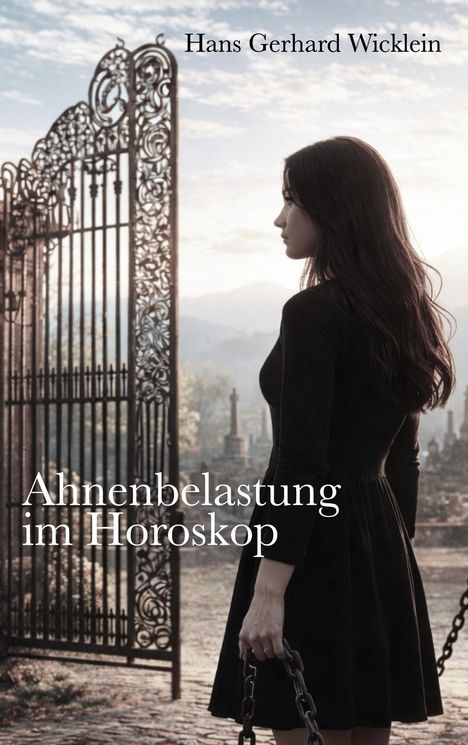 Text: "Ahnenbelastung im Horoskop". Eine Frau im schwarzen Kleid steht vor einem verzierten Tor bei Sonnenuntergang.