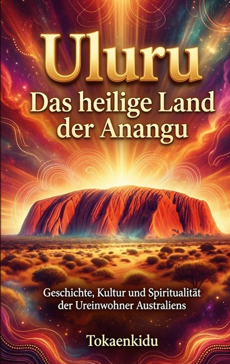 „Uluru: Das heilige Land der Anangu“ steht groß oben. Unten: „Geschichte, Kultur und Spiritualität der Ureinwohner Australiens. Tokaenkidu“. In der Mitte ein leuchtender, majestätischer Felsen unter einem fantasievollen Himmel.