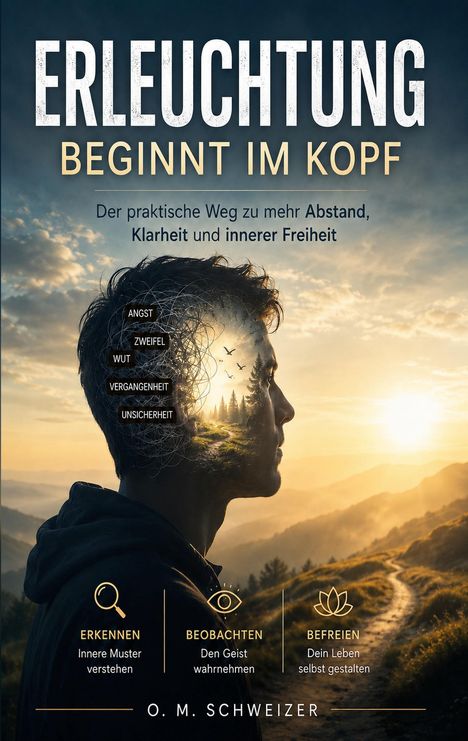 Buchtitel: "ERLEUCHTUNG BEGINNT IM KOPF". Ein Profil eines Mannes, dessen Kopf einen Weg in der Natur zeigt.