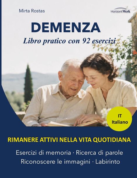 Titel: Demenza. Untertitel: Libro pratico con 92 esercizi. Zwei Personen studieren gemeinsam ein Buch.