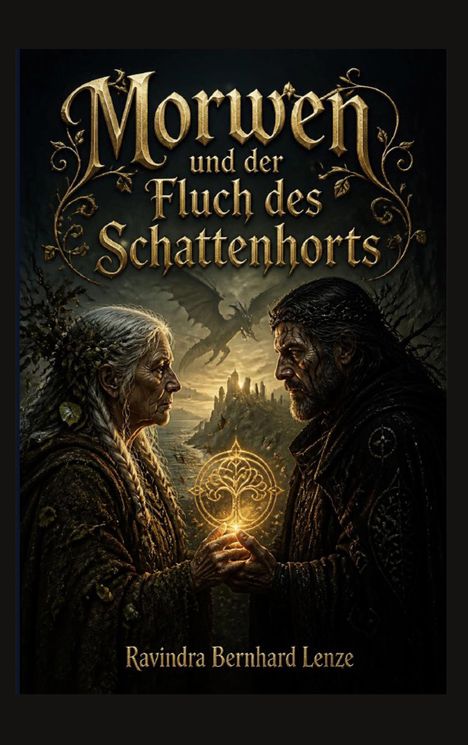"Morwen und der Fluch des Schattenhorts" steht über einem alten Paar, das ein leuchtendes Symbol zwischen sich hält, im Hintergrund ein Drache.
