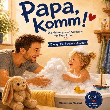 „Papa, komm!“ Band 1, Für Kinder ab 2 Jahren. Ein Vater und ein Kind spielen fröhlich in der Badewanne mit Schaum.