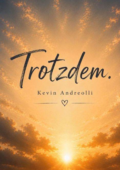„Trotzdem.“ und „Kevin Andreolli“ darüber ein Herz. Sonnenstrahlen durchbrechen Wolken in einem goldenen Himmel.