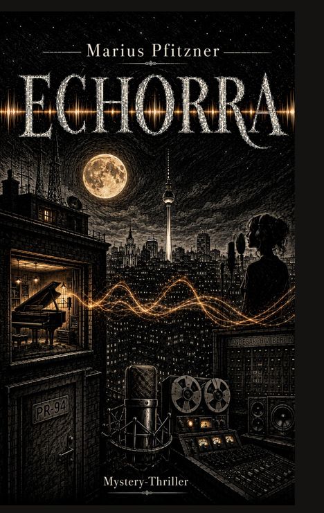 Titel "Echorra", Autor "Marius Pfitzner", Genre "Mystery-Thriller". Illustration mit Mikrofon, Stadtansicht und Vollmond.
