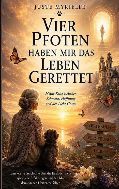 „Vier Pfoten haben mir das Leben gerettet.“ Frau und Hund schauen auf einen Sonnenuntergang. Schilder: Vertrauen, Vergebung, Liebe, Hoffnung.