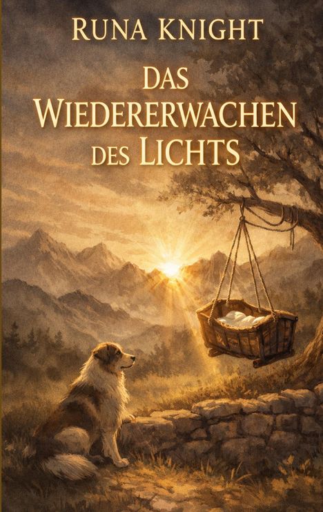 Text: "Runa Knight, Das Wiedererwachen des Lichts". Ein Hund sitzt neben einer schwebenden Krippe in einer sonnigen Berglandschaft.