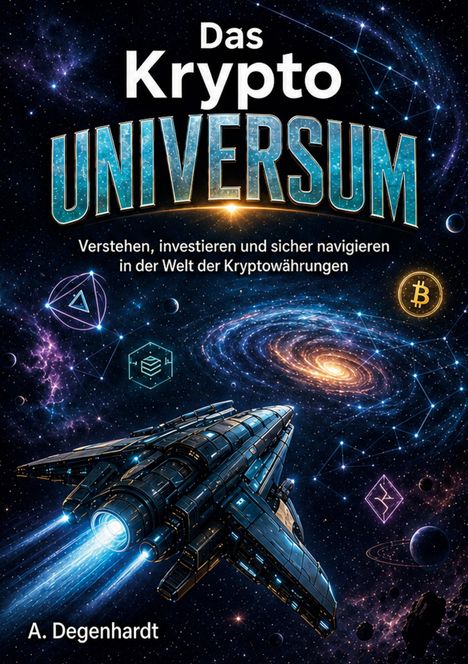 „Das Krypto Universum“; „Verstehen, investieren und sicher navigieren in der Welt der Kryptowährungen“. Raumschiff im Weltraum.