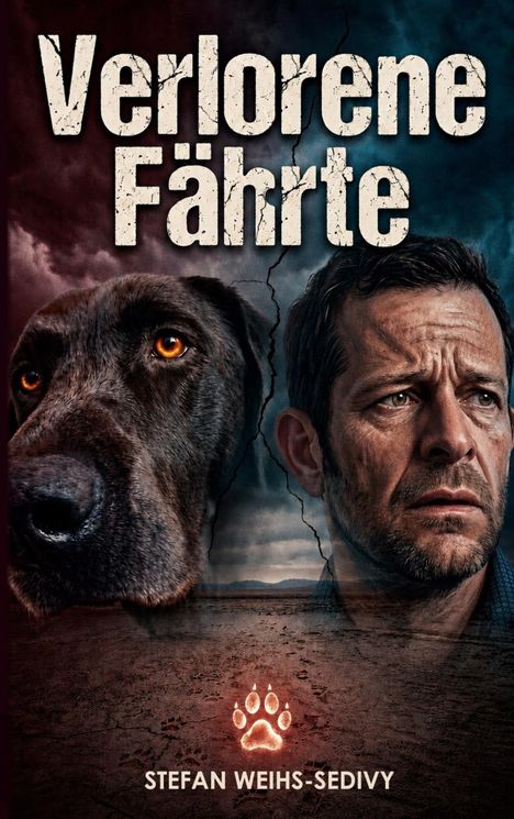„Verlorene Fährte“ oben, unten „Stefan Weihs-Sedivy“. Illustration: Hund und Mann vor bewölktem Himmel.