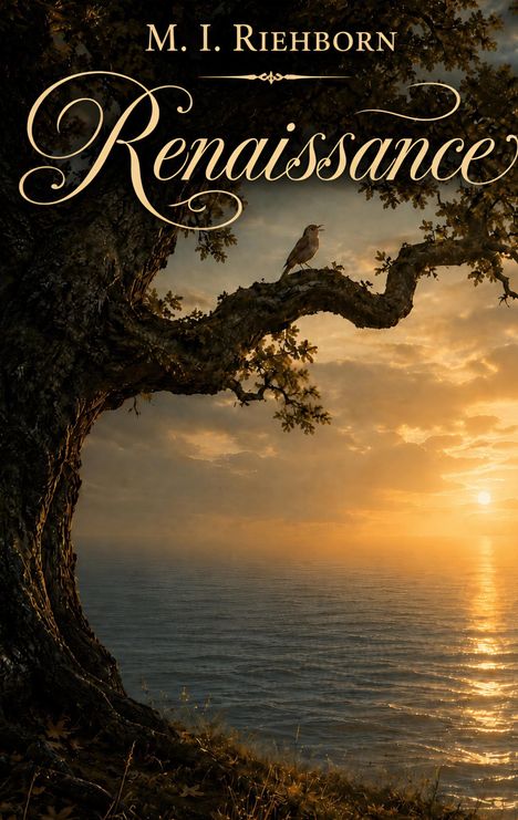 „M. I. Riehborn Renaissance“; Ein Baum mit einem Vogel auf einem Ast bei Sonnenuntergang am Meer.