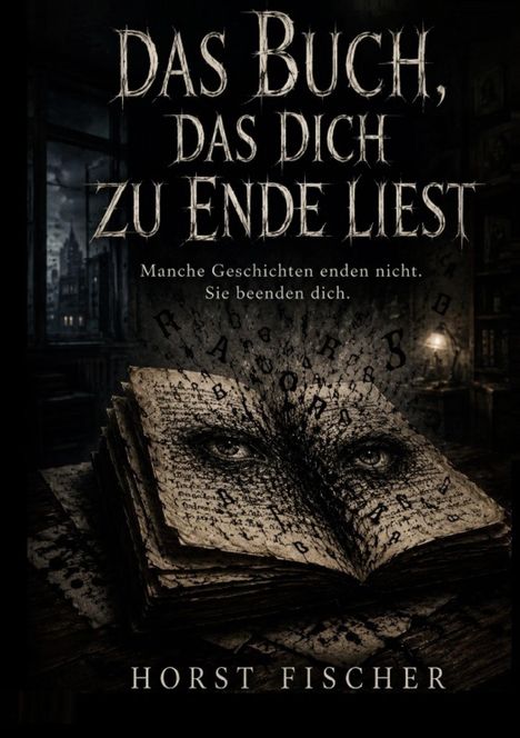 „DAS BUCH, DAS DICH ZU ENDE LIEST. Manche Geschichten enden nicht. Sie beenden dich. Horst Fischer.“ Ein mystisches Buch mit Augen.