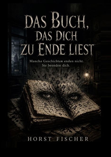 „Das Buch, das dich zu Ende liest. Manche Geschichten enden nicht. Sie beenden dich.“ Illustration: Aufgeschlagenes Buch mit Augen.