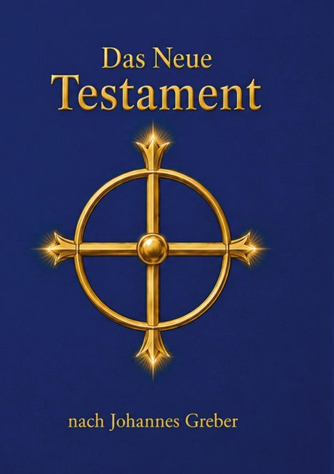 "Das Neue Testament nach Johannes Greber." Ein goldenes Kreuz mit Strahlen auf blauem Hintergrund.