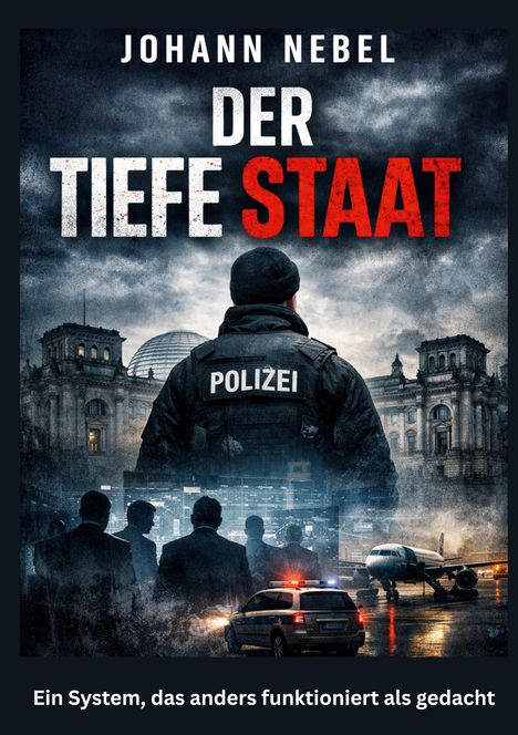 „Der Tiefe Staat“ von Johann Nebel. Ein Polizist steht vor Gebäuden, einem Polizeiwagen und einem Flugzeug.