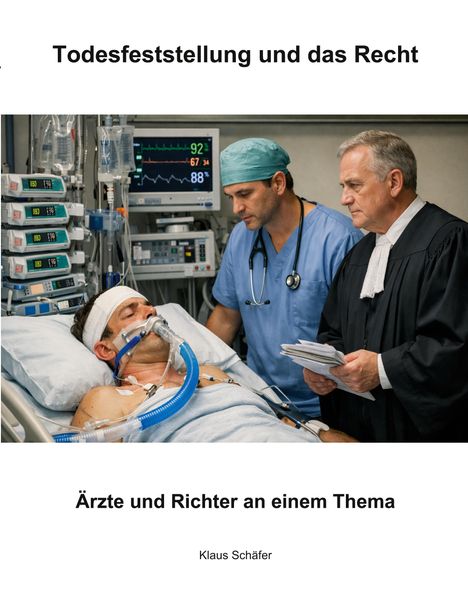 "Todesfeststellung und das Recht. Ärzte und Richter an einem Thema. Klaus Schäfer." Zwei Männer neben einem Intensivpatienten.