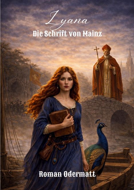 Ein Gemälde zeigt eine Frau mit rotem Haar und blauem Kleid, die ein Buch hält. Hinter ihr eine Brücke mit einem Bischof. Ein Pfau steht neben ihr.