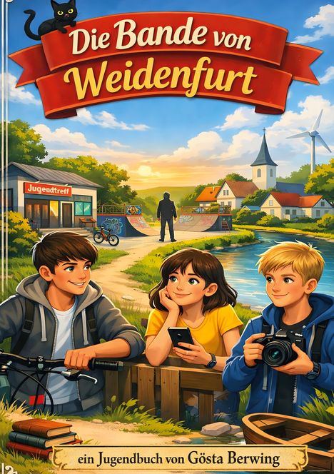 Die Bande von Weidenfurt. Ein Jugendbuch von Gösta Berwing. Drei Kinder mit Kameras, Handy und Fahrrad, ländliche Kulisse.