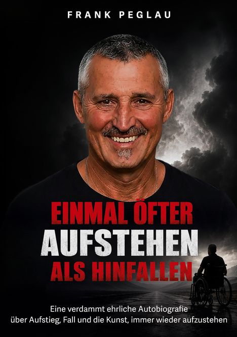 Titel: "Einmal öfter aufstehen als hinfallen". Darunter ein lächelnder Mann und eine Wolkenlandschaft mit Person im Rollstuhl.
