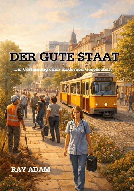 "DER GUTE STAAT, Die Verfassung einer modernen Gesellschaft. Ray Adam." Eine lebendige Straßenszene mit Menschen und einer Straßenbahn.