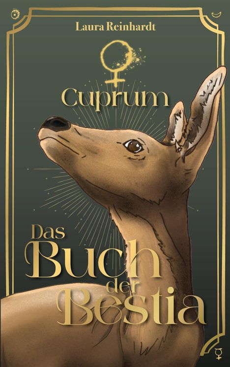 Texte: „Laura Reinhardt“, „Cuprum“, „Das Buch der Bestia“. Illustration eines Rehs mit goldener Umrahmung.