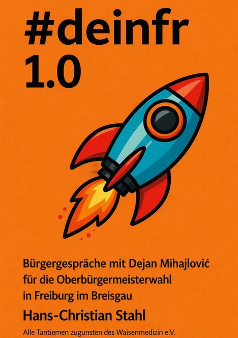 #deinfr 1.0. Bürgergespräche mit Dejan Mihajlović. Illustration einer Rakete auf orangefarbenem Hintergrund.