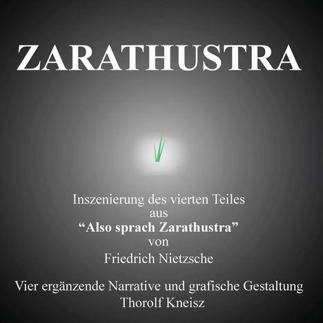 "ZARATHUSTRA. Inszenierung des vierten Teiles aus 'Also sprach Zarathustra' von Friedrich Nietzsche." Oben groß, hellgrüner Grashalm.