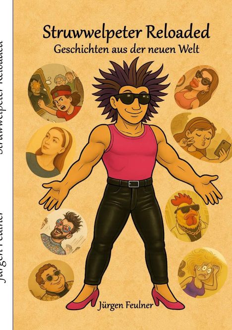 "Struwwelpeter Reloaded" und "Geschichten aus der neuen Welt". Illustration: Figur mit Sonnenbrille, umgeben von Kreisbildern.