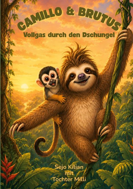 "Camillo & Brutus: Vollgas durch den Dschungel", Schriftzug über einem Faultier und einem Äffchen, die fröhlich schauen.